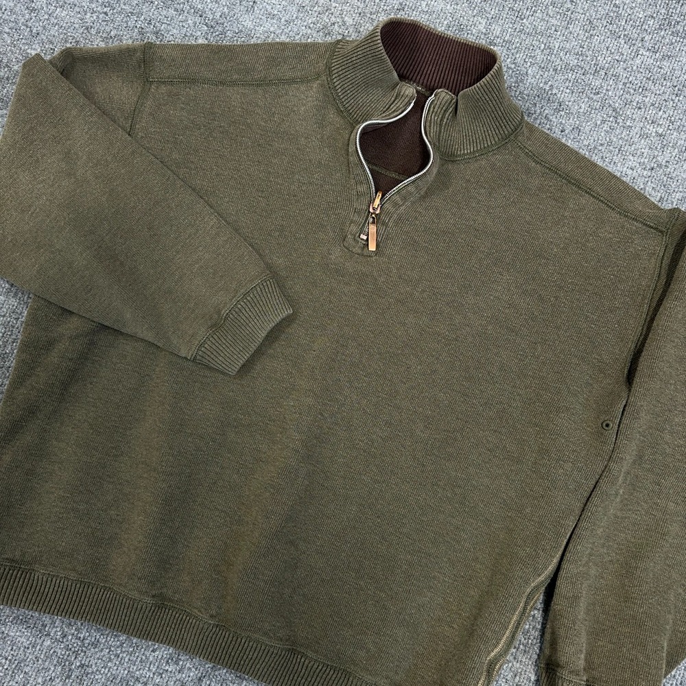 Tommy Bahama‎ Sweater Men M Green Brown Reversible 1/4 Zip Cotton Pullover